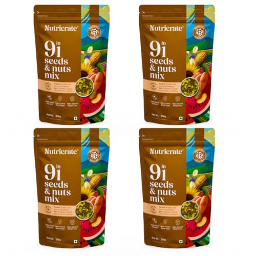 Image of Nutricrate 9 In 1 Dry Fruits & Seeds Mix - 250g - Chia, Pumpkin, Sunflower, Flax, Sesame, Peanuts, Almond, Cashew & Soy - Roasted Protein & Fibre Rich Seeds for Eating & Weight Loss (250g, Pack of 4)
