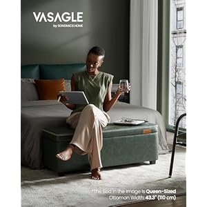 Vasagle ekho collection storage ottoman bench entryway bedroom bench 25 gallons synthetic leather with stitching mid century modern safety hinges loads 660 lb forest green ulom075c01  urban country home decor
