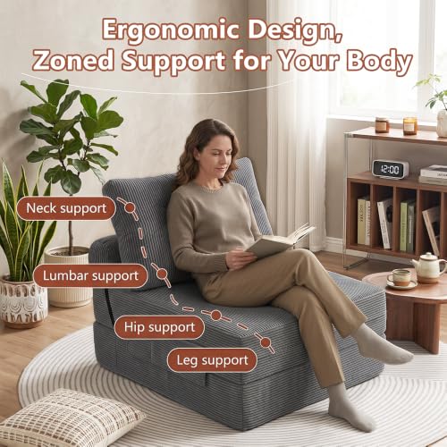 Image of Floor Sofa Bed, Convertible 2-in-1 Corduroy Couch with High-Density Sponge, Foldable Stackable Seat for Living Room Bedroom Dorm Game Room, No Assembly Required (Gray)