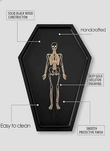 Miniatura 5 de Tablas de embutidos de ataúd de Halloween grabadas con esqueleto dorado para servir platos de fiesta, decoración de alimentos, bandeja negra gótica