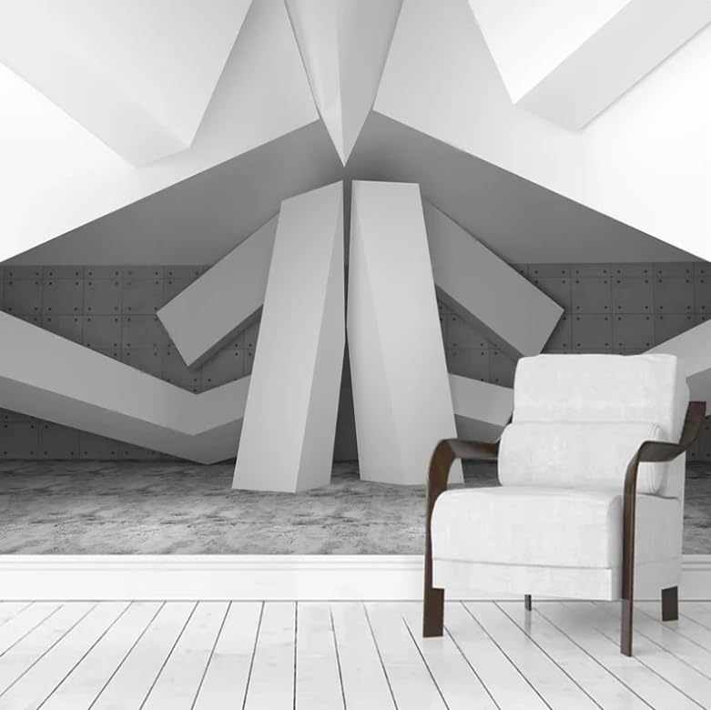 Papier peint géométrie architecturale pour agrandir un salon avec un fond 3D gris