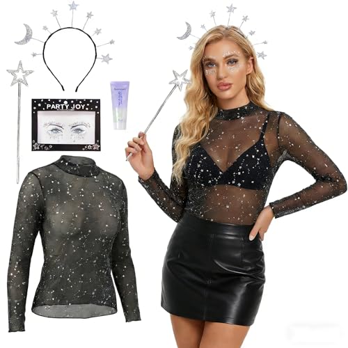 HarnyLoom Camisetas Transparentes Mujer, Disfraces de Carnaval, Glitter Transparente Mesh Top Blusa, Diadema Luna y Estrellas Sol, para Cumpleaños y Carnaval. (FR/ES, Letras, L, Regular, Regular)