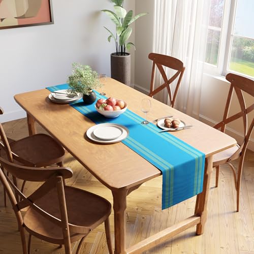 Image of Encasa XO Dining Table Runner for 4 to 6 Seater| Yarn Dyed Fine Ribbed Cotton | Size 32x150 cm | Ladder Turq Blue | Machine Washable