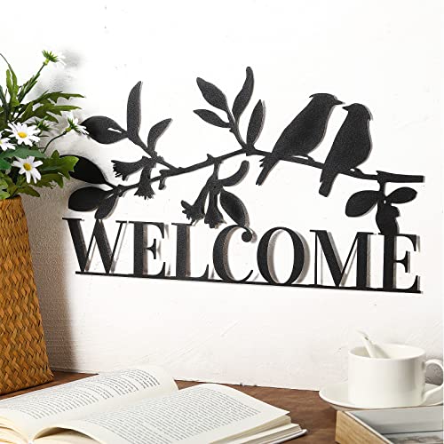 Birds On Branch Welcome Sign Metal Wall Art Bird Silhouette Sculpture Black Leaves With Birds Metal Ornament Hanging Sign Bird Lover Gift Christian Wall Art For Bedroom Garden Indoor Outdoor Decor #TOP1