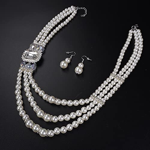 Aimimier 1920S 3-Strand White Faux Pearl Necklace And Dangle Earrings Set With Crystal And Rhinestone Long Pearl Necklace Statement Women Jewelry #TOP4