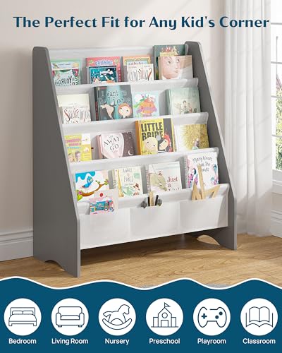 Image of SEIRIONE Sturdy Kids Bookshelf, 4-Tier Book Shelf for Kids Room with Oxford Fabric-Nursery Room Playroom Classroom, Deep Slings to Keep Books Upright, Ideal Height for Toddler Age 3+, Grey