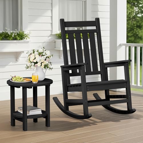 SERWALL Round Outdoor Side Table, HDPE Small Adirondack End Table,2-Tier Patio Side Table for Backyard Pool Porch Garden Lawn, Black by SERWALL - Used condition - Image 2