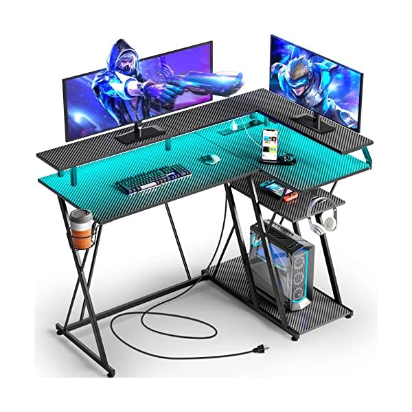 SEVEN WARRIOR L Shaped Gaming Desk with LED Lights & Power Outlets, 43” Reversible Corner Desk with Storage Shelf, Computer Desk with Monitor Stand, Gaming Table with Cup Holder, with Hooks, Black