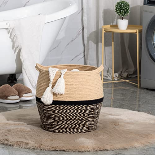 Kakamay Woven Baskets For Storage(17"X17"),Large Cotton Rope Basket Woven Baby Laundry Hamper,Collapsible Laundry Basket, Blanket Basket For Organizing Living Room,Nursery,Clothes,Toy Chest (Black) #TOP4