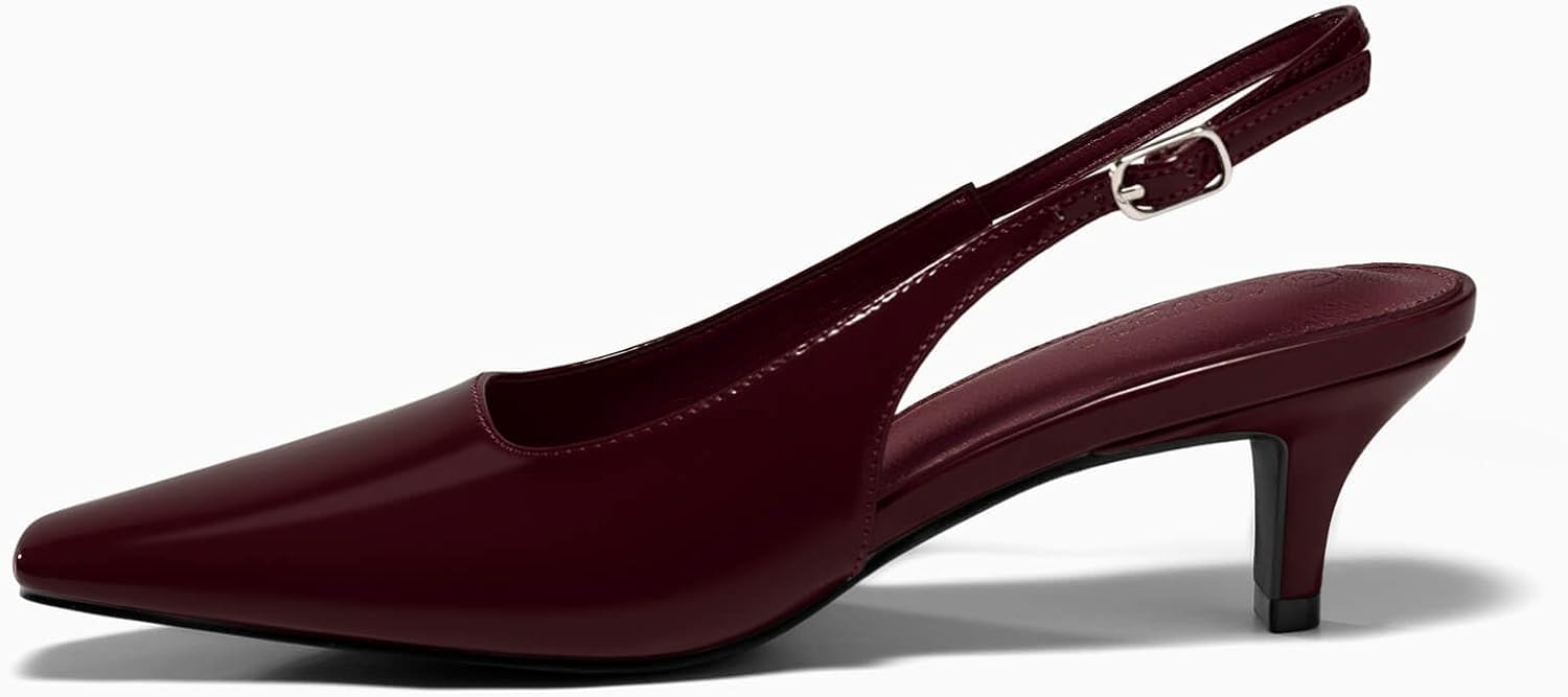 Coutgo Womens Kitten Low Heels Slingback Pumps Squared Point Toe Buckle Strap Wedding Party Dress Shoes - Image 3