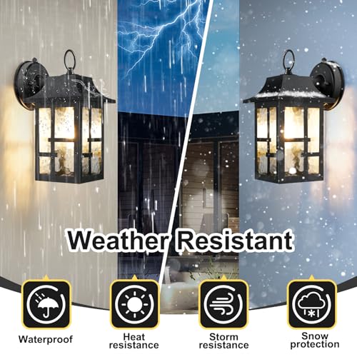 Image of OKELI Dusk to Dawn Outdoor Wall Lights, Exterior Waterproof Lantern, Front Porch Sconce Lighting with Water Ripple Glass Shade, Anti-Rust Wall Lamps Outside Lights for Garage (Black-SIZE-M-2pack)