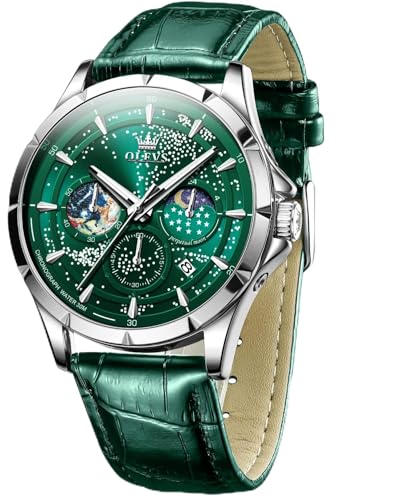 OLEVS Mens Watches Starry Sky Moon Phase Dial Luxury Business Dress Analog Quartz Classic Casual Date Wrist Watches Waterproof Luminous, Green Strap Green Dial1