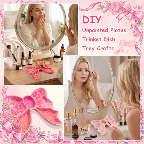 Image of Zubebe 6 Set Ceramics to Paint Bow Jewelry Tray Kit Ready to Paint Ceramics Ring Dish Holder DIY Unpainted Plates Trinket Dish Tray Crafts with Brush Palette for Mother's Day Valentine Wedding Gift