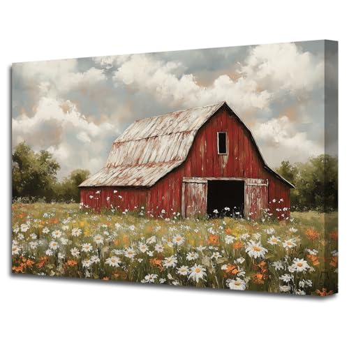 PBXBJY Barn Canvas Wall Art Farmhouse Pictures Print Rustic Farm Landscape Poster Retro Old Barn Painting Living Room Bedroom Kitchen Home Decor Framed (Red, (12.00" x 18.00"))