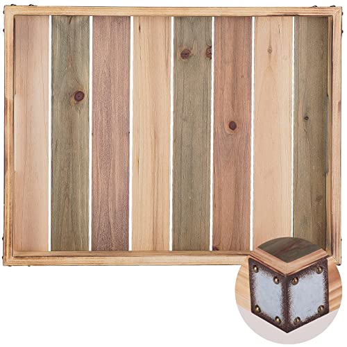 Wood Rustic Decorative Serving Tray with Rustic Metal Corner, Farmhouse Decorative Coffee Table Tray, Rectangular Ottoman Tray, Bar Serving Tray for Kitchen/Living Room/Coffee Bar Decor, 17x13 Inches