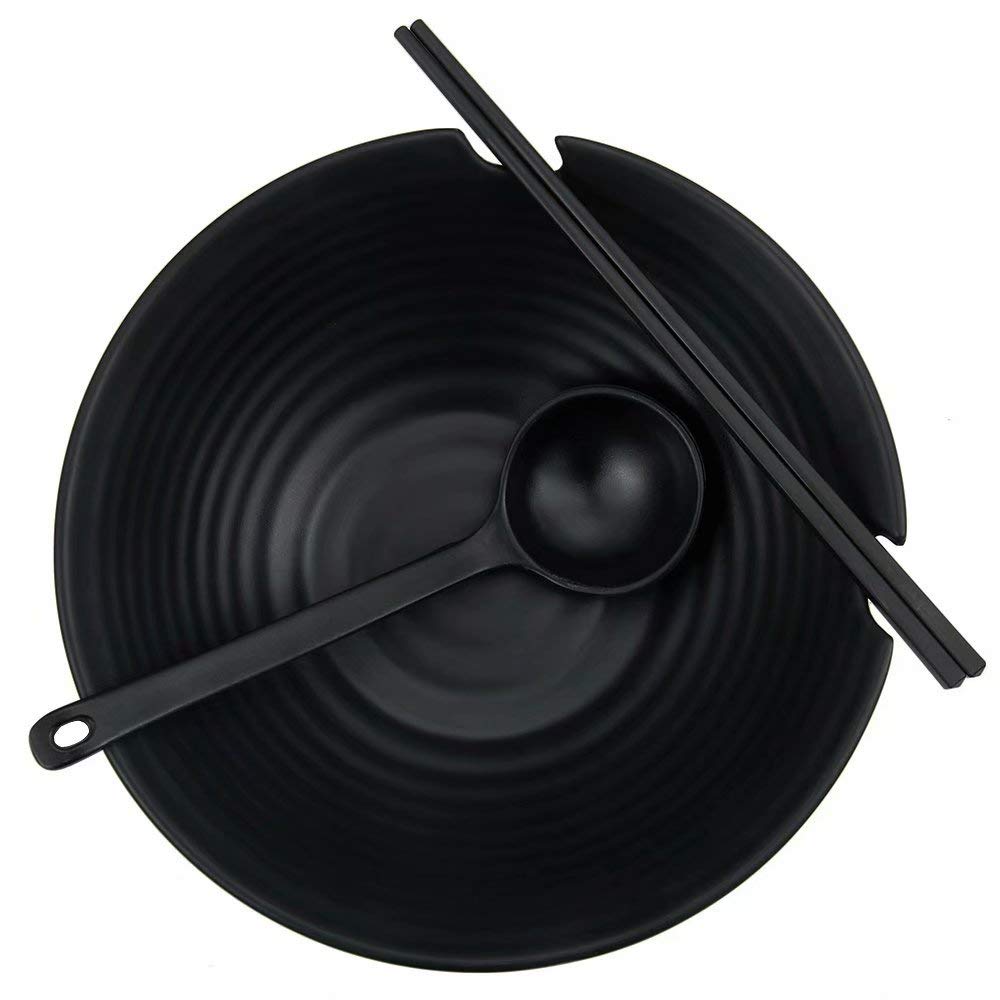 2 juegos (6 piezas) de tazones de sopa de fideos japoneses, 35 onzas/1000ml tazones de ramen, vajilla de apta para lavavajillas con cuchara y palillos a juego, negro