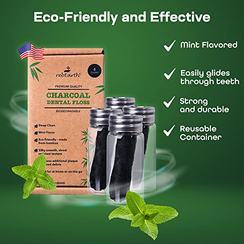 Rebearth Natural Deep Clean Charcoal Floss - Oral Care Dental Floss W/Mint Flavor, 30M Tooth Floss In Glass Container, Bamboo Floss W/Reusable Floss Container, Smooth & Shred Resistant (Pack Of 4) #TOP2