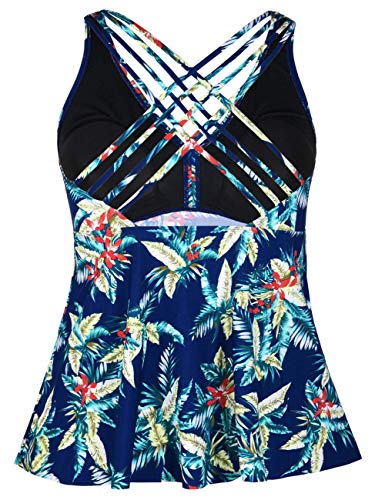 Firpearl Women's Tankini Swimsuits Cross Back Flowy Swim Tops Modest Swimwear Us18 Navy Leaf #TOP1