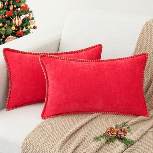 Image of decorUhome Soft Chenille Throw Pillow Covers 12x20 Set of 2 Christmas Red