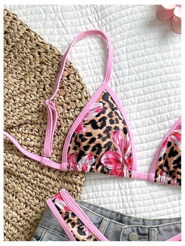 Women's 2 Piece Leopard Print Bikini Sets Floral Triangle String Tie Back High Cut Cheetah Swimsuits Bathing Suit3