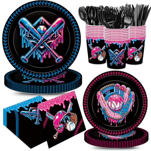 168 Pcs Ice Cream Drip Baseball Plates and Napkins Party Supplies Paper Cup Disposable Knife Fork spoon Tableware Dinnerware Black Baseball Sports Themed Birthday Decorations for Serve 24 Guests