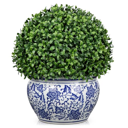 Oairse Artificial Plants Boxwood Ball in Blue and White Ceramic Pot Decorative Boxwood Topiary Fake Plants Potted for Table Centerpiece Indoor Plant Home Living Room Kitchen Decoration, 32cm Tall