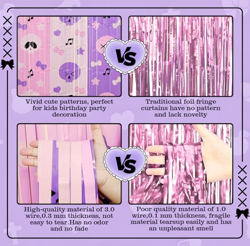 Image of Bupelo Kawaii Birthday Decorations, 2 Pack Purple and Light Pink Birthday Party Supplies 3.3 x 6.6ft Tinsel Foil Fringe Curtains Photo Booth Props Backdrop Streamers, Dark Cute House Room Decor