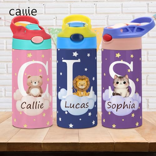 Image of callie Personalized Animal Insulated Water Bottle for Kids, Custom 12 oz Leak Proof Lid Stainless Steel Cups with Straw, Cute Gifts for Boys Girls