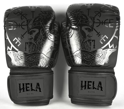 Guantes de Boxeo Hela – Diseño Inspirado en los Vikingos con Odín, Acolchado Multicapa y Soporte Superior para la Muñeca, Cuero Sintético PU Matt Flex (14 OZ)
