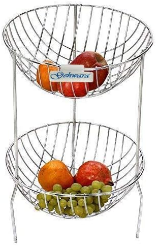 Stainless Steel Fruit Rack Vegetable Trolley Kitchen Storage Rack 2 Tier Round Shape Shelf (11x11x19 Inches)