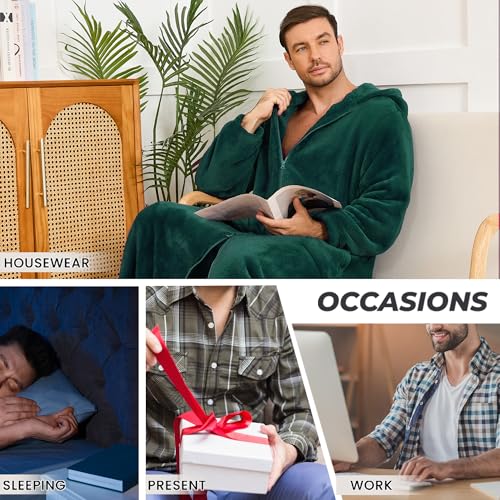 U2SKIIN Men's Plush Fleece Hooded Robe, Soft Warm Long Bathrobe with Pockets, Cozy Spa Shower Robe for Men with Front Zipper4