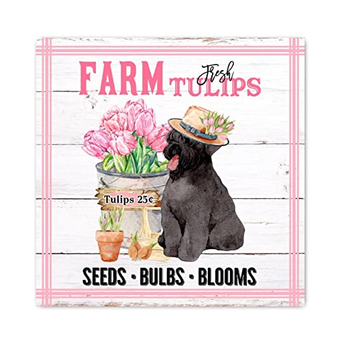 Panneau bois Farm Fresh déco murale vintage tulipes roses et bouledogue français