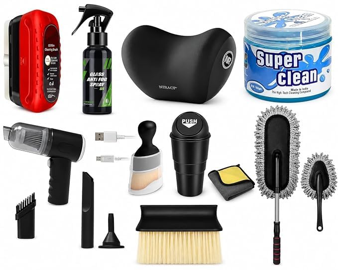11-in-1 premium car cleaning kit with rechargeable mini vacuum cleaner, car duster, cleaning gel, anti fog spray, dashboard brush, microfiber cloth, car trash bin & neck pillow