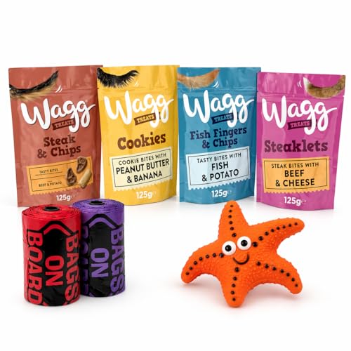 Spinrock Supplies Dog Treats Bundle - 4 Packs of Wagg Treats (Steak & Chips Fish Finger & Chips Steaklets Peanut Butter Cookies) 125g Each with Free Squeaky Toy & 1 x Poop Bag Roll