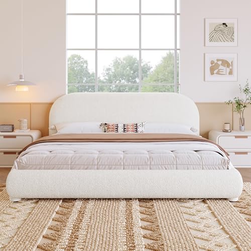 Christopher Knight Home Umti King Bed Frame and Headboard, Boucle Fabric Upholstered King Size Bed Frame, Curve-Shaped Design Headboards, Modern Design Bed Set, Easy Assembly, Heavy Duty, Cream