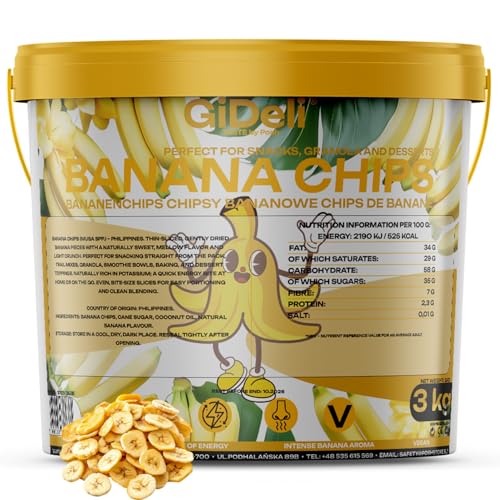 GiDeli Bananenchips 3 kg im Eimer - getrocknete Bananen Früchte Ungesüßt - Gesunde trocken Snacks - ideal für Müsli, Joghurt, Smoothies & Backen - ohne Palmöl