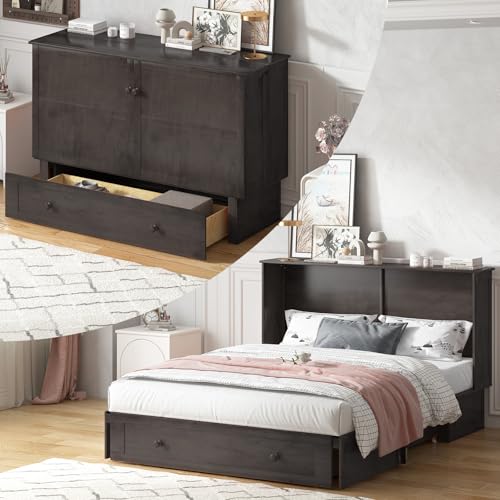 PUREMIND Queen Murphy Bed Cabinet with Mattress Included, Camas Con Colchon Incluido, Hideaway Chest Beds with Charging Station, Murphy Bed Queen Space-Saving Wall Beds for Bedroom, Guest Room