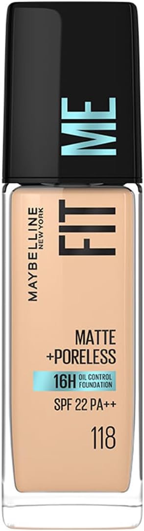 Maybelline New York Fit Me Matte + Poreless Liquid Foundation, , Matte Finish and pore minimizing Foundation, lightweight formula suitable for daily use and Indian Skin - 118 Light Beige, 30 ml