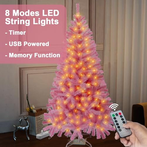 4.5ft Small Pink Christmas Tree - 120 LED Lights 350 Pink Branch Tips Artificial Christmas Tree with Remote Timer - Pink Xmas Girls Room Valentine's Day Gifts