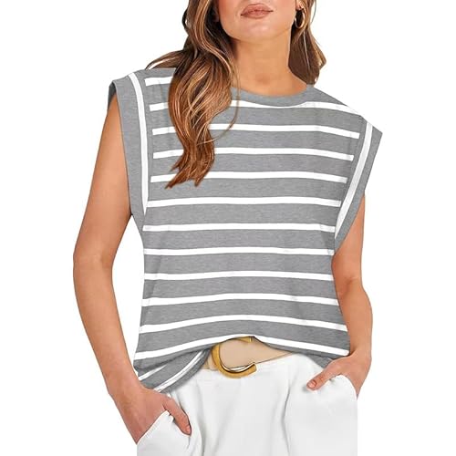 TANMESSO Women's Striped Crop Tops 2024 Cap Sleeve Crewneck Casual Loose T-Shirts Basic Summer Tees (grey stripe,L,L,Regular,Regular)