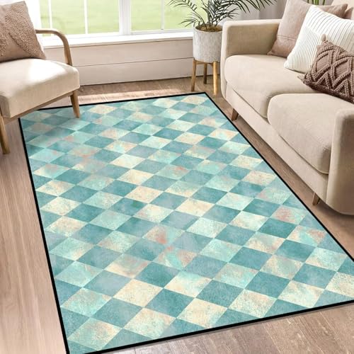 3' x 5' Teal Diamond Checkered Area Rugs for Bedroom Nursery Laundry Watercolor Geometric Carpet Throw Rugs Home Decor Washable Non-Slip Doormat, 35"