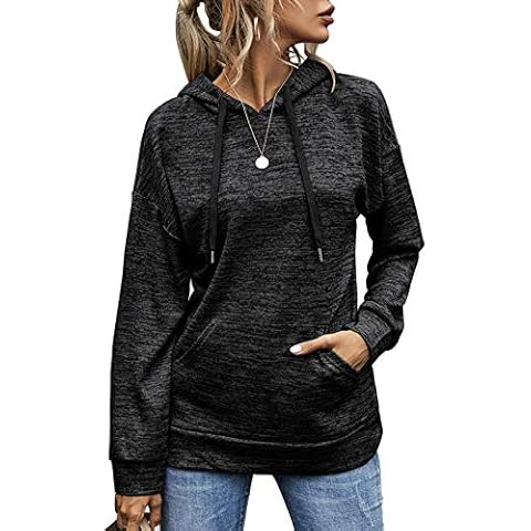 Womens Casual Pullover Hoodie Top Long Sleeve Drawstring Sweatshirts With Pocket For Ladies Black XL Cover