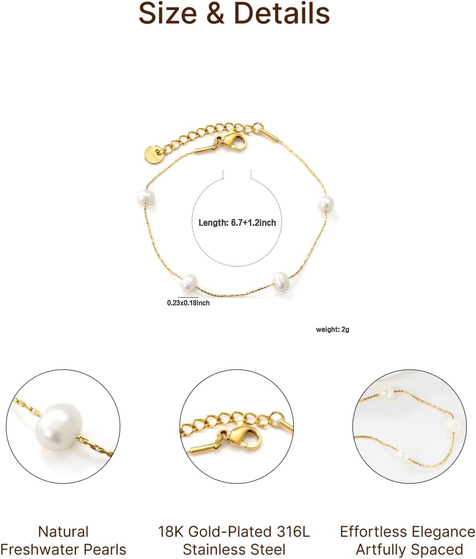 Dainty Freshwater Pearl Bracelet for Women, 18K Gold Plated Stainless Steel Beaded Chain with 4 Natural Pearls, Elegant Handmade Jewelry Gift for Her, Trendy Everyday Wear Accessory - Image 4
