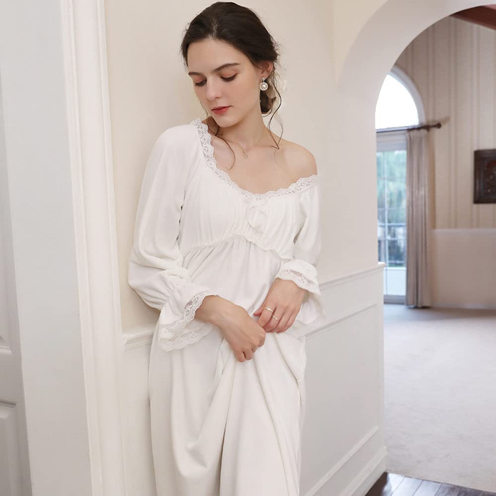 Mujer De Algodón Camisón,Camisones De Mujer De Manga Larga Beige Moda Sexy De Encaje En V Profundo Camisón De Franela Suave Cuello En V Suelto Bata Informal Camisón Largo Ropa De Hogar De Invier