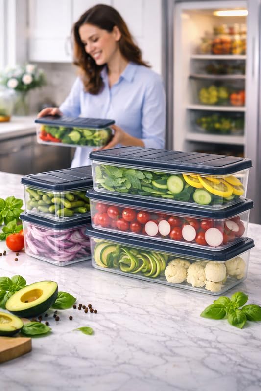 Image of Raawan Fridge Storage Boxes - Stackable Food Storage Containers | Removable Drain Plate & Lid | Durable Fridge Organizer to Keep Food Fresh Longer | Ideal for Fruits, Vegetables | 1200ml Pack of 10