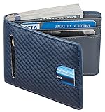 Casmonal Mens Leather Wallet Slim Front Pocket Wallet Billfold RFID Blocking (carbon fiber leather blue)