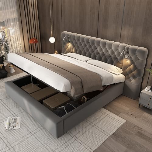 dowowdo Cama tapizada de 160 x 200 cm – Cama de almacenamiento hidráulica con cabecero LED, cama doble con terciopelo suave y somier, terciopelo gris, fácil montaje