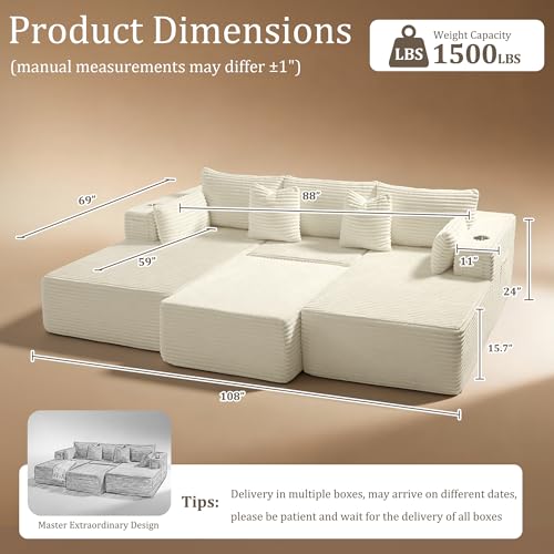 Image of 108 inch Cloud Sectional Couch, Comfort Sleep Sofa for Living Room, Extra Deep Seats No Assembly, Minimalist Modular Couch, Corduroy (Cream, Widen Loveseat Chaise)