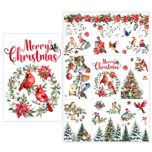 Christmas Window Stickers, Cardinal Xmas Window Clings Decoration, Red Bird Glass Sticker Decor for Christmas Home Party