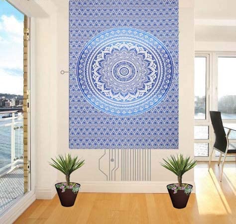 Ayodhya Art Decor Blue Twin Mandala Tapestry Wall Hanging Indian Cotton Tapestries Bedspread Picnic Beach Throw Blanket Wall Art Hippie Tapestry Bed Cover (Blue, Single)-image-19